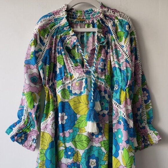 Dodo Bar Or Green Floral Retro Long Sleeve Girl's Cinch Waist Casual Dress - Picture 5 of 11